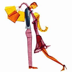 Exhausted tissue paper woman with shopping bags leaning on man