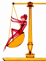 Woman swinging in weighing pan on scales
