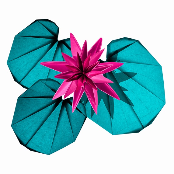 Origami pink lily and lily pad