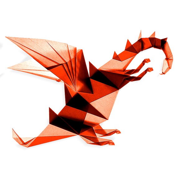 Red origami dragon on white background