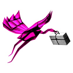 Purple origami crane carrying parcel on white background