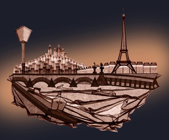 Paris scene in folded paper