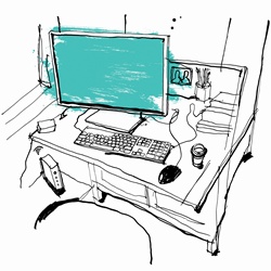 Drawing of desk workspace with computer and take away coffee
