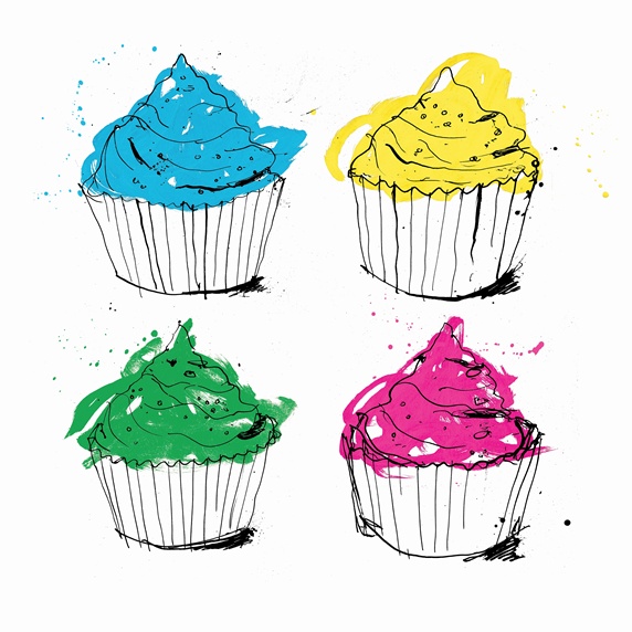 Four brightly colored cupcakes