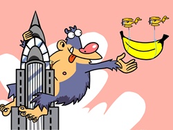 Monkey on skyscraper reaching for banana
