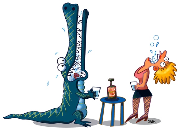 Young woman, crocodile and mouthwash