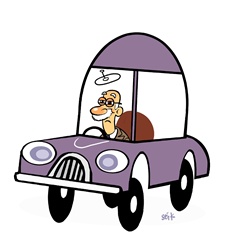Senior man driving purple car