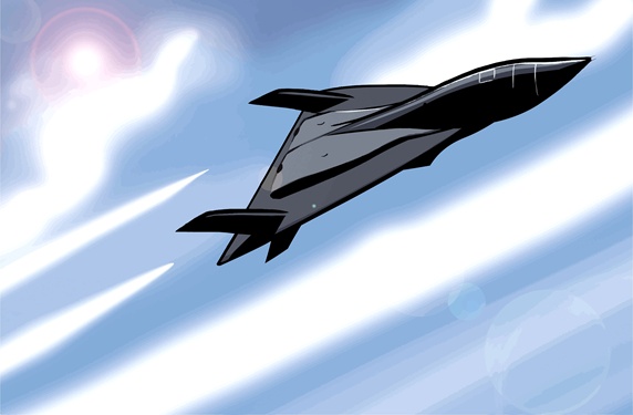 Black fighter plane in sky