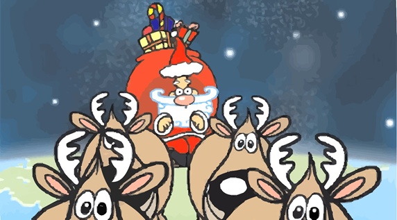 Santa Claus and reindeer in sky