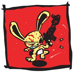 Bloodstained rabbit running and shooting gun