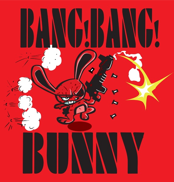 Red rabbit running and shooting gun