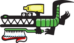 Crocodile holding toothpaste tube and toothbrush