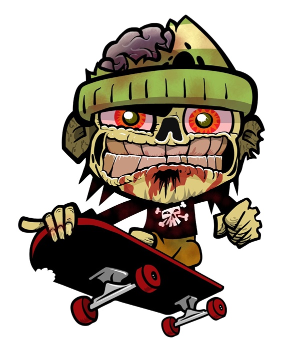 Zombie skateboarder with evil grin jumping