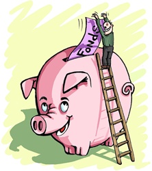 Man standing on ladder putting money into piggy bank