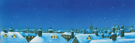 Starry sky above snowy rooftops in London