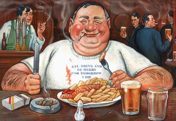 Overweight man eating, drinking and smoking in old fashioned pub