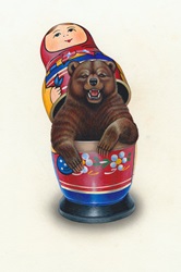 Aggressive bear emerging from Russian doll