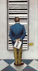 Rear view of man standing in front of painting with barcode by Bob Venables