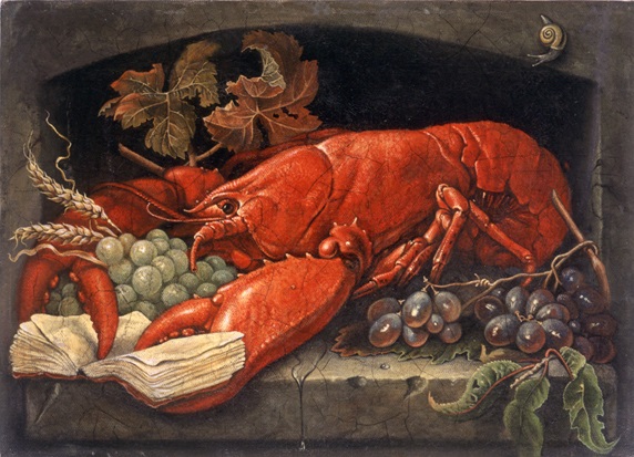 Flemish style still life with lobster holding book by Bob Venables