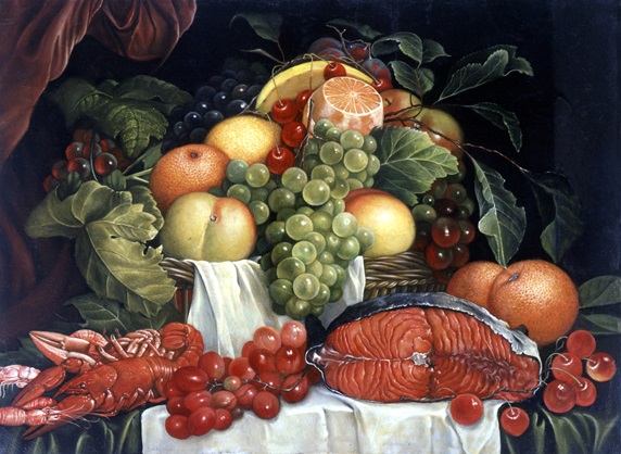 Flemish style still life with fruit and seafood by Bob Venables