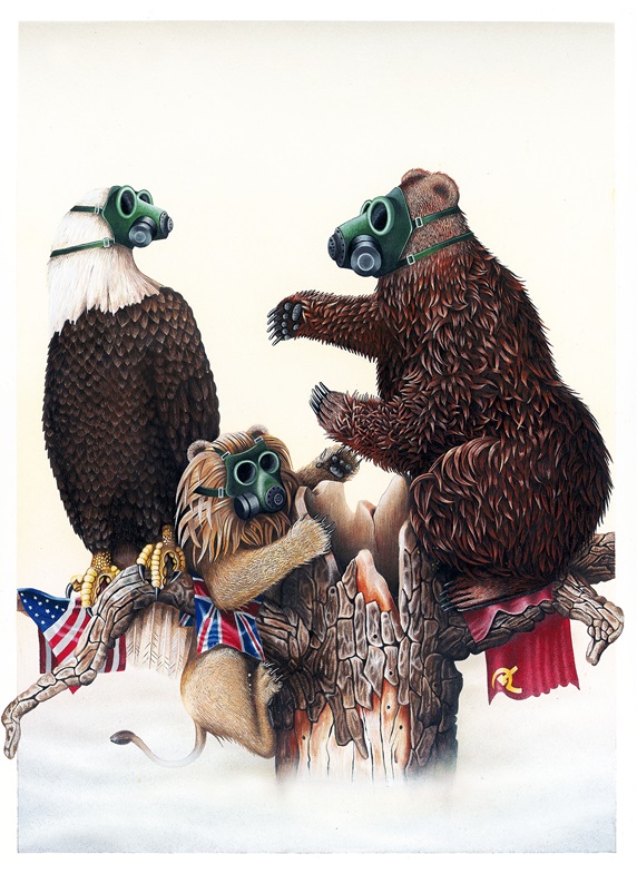 Eagle, lion and bear wearing gas masks representing USA, UK and Russia by Bob Venables