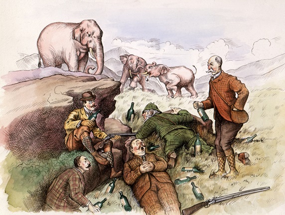 Drunk men lying in landscape, elephants in background, painting by Bob Venables