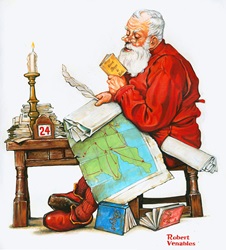 Santa with map on laps reading at table, 19-th century style illustration by Bob Venables