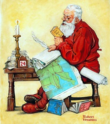Santa with map on laps reading at table, 19-th century style illustration by Bob Venables
