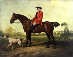 Man in red coat on horse in landscape by Bob Venables