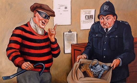 Police officer holding bag with stolen objects and robber with crowbar, illustration by Bob Venables