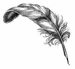 Black and white scraperboard engraving of old fashioned quill pen