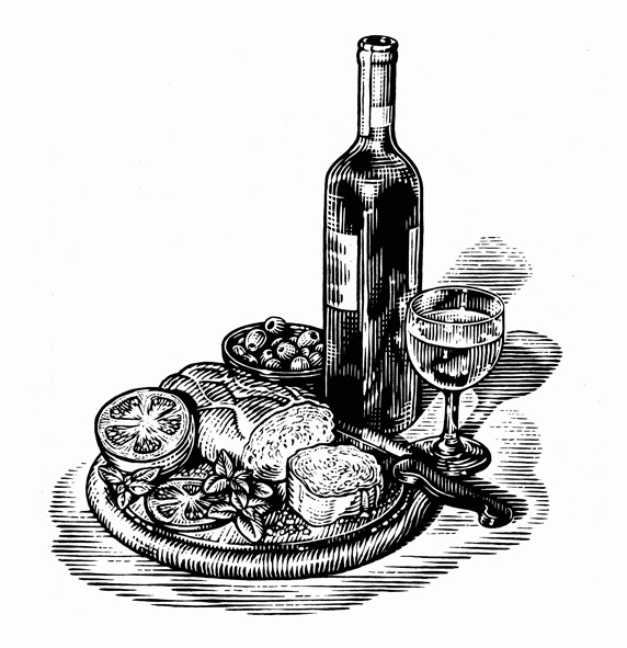 Black and white scraperboard engraving of wine and appetizers