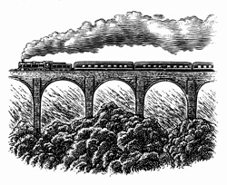 Black and white scraperboard engraving of steam train going over viaduct