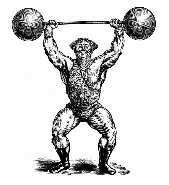 Black and white scraperboard engraving of circus strongman