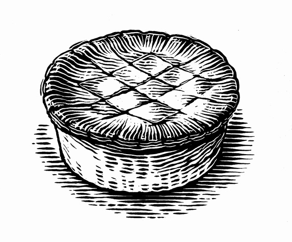 Black and white scraperboard engraving of pastry pie