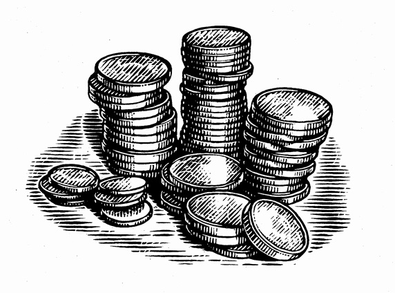 Black and white scraperboard engraving of piles of coins
