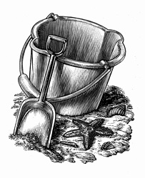 Black and white scraperboard engraving of seaside bucket and spade