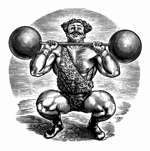 Black and white scraperboard engraving of circus strongman