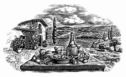 Black and white scraperboard engraving of wine and pasta in idyllic countryside