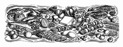 Black and white scraperboard engraving of fresh ingredients for cooking