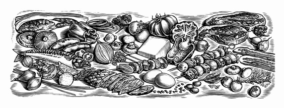 Black and white scraperboard engraving of fresh ingredients for cooking