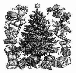 Black and white scraperboard engraving of decorated Christmas tree surrounded by presents