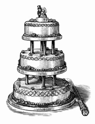Black and white scraperboard engraving of tiered wedding cake