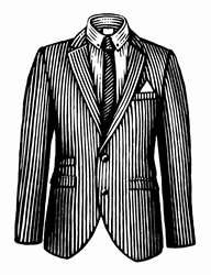 Black and white scraperboard engraving of pinstripe jacket, shirt and tie