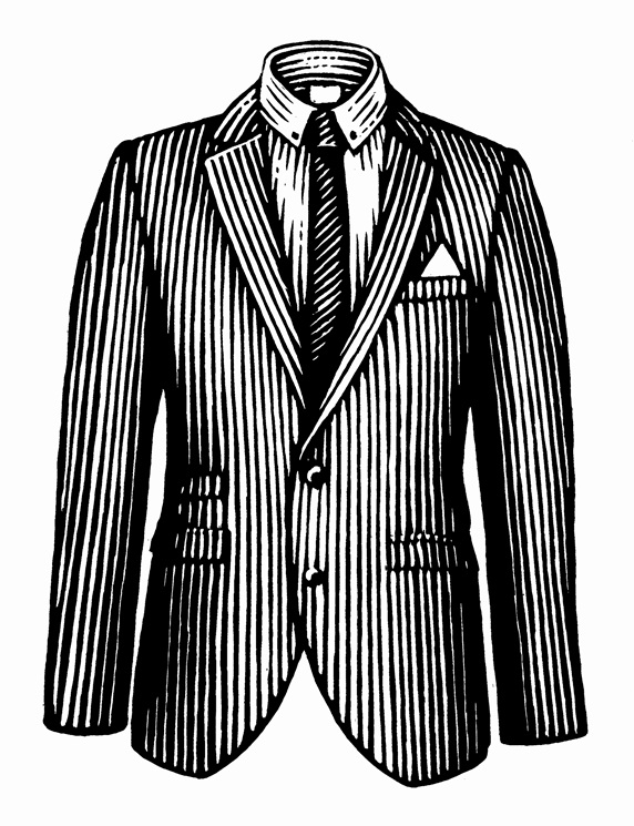 Black and white scraperboard engraving of pinstripe jacket, shirt and tie