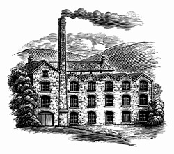 Black and white scraperboard engraving of old fashioned mill building