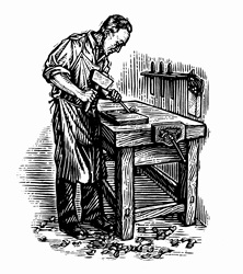 Black and white scraperboard engraving of skilled carpenter