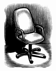 Black and white scraperboard engraving of empty office chair