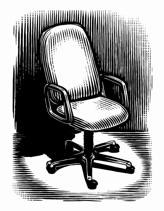 Black and white scraperboard engraving of empty office chair