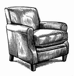 Black and white scraperboard engraving of empty armchair